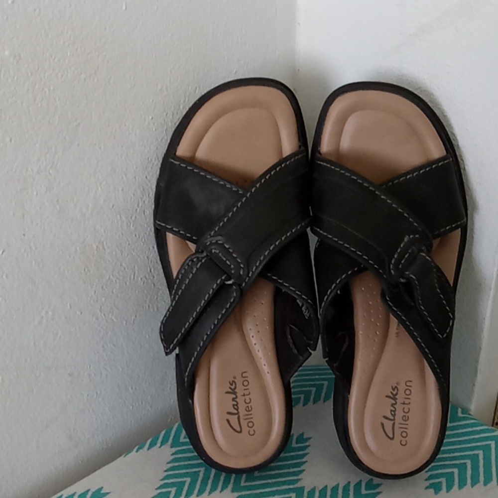 Clarks Slip On Leather Black Sandals
